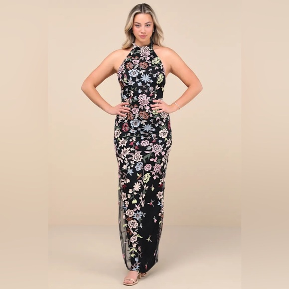 Lulus - Infinite Praise Black 3D Floral Embroidered Halter Maxi Dress - Small - Picture 4 of 9